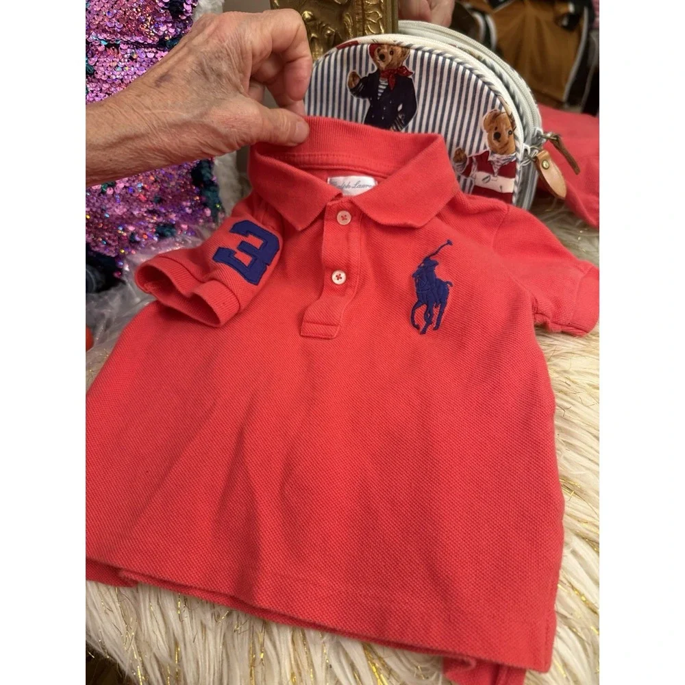 Ralph Lauren Baby Boys 9M Polo Shirt Red/orange Blue Big Pony Used